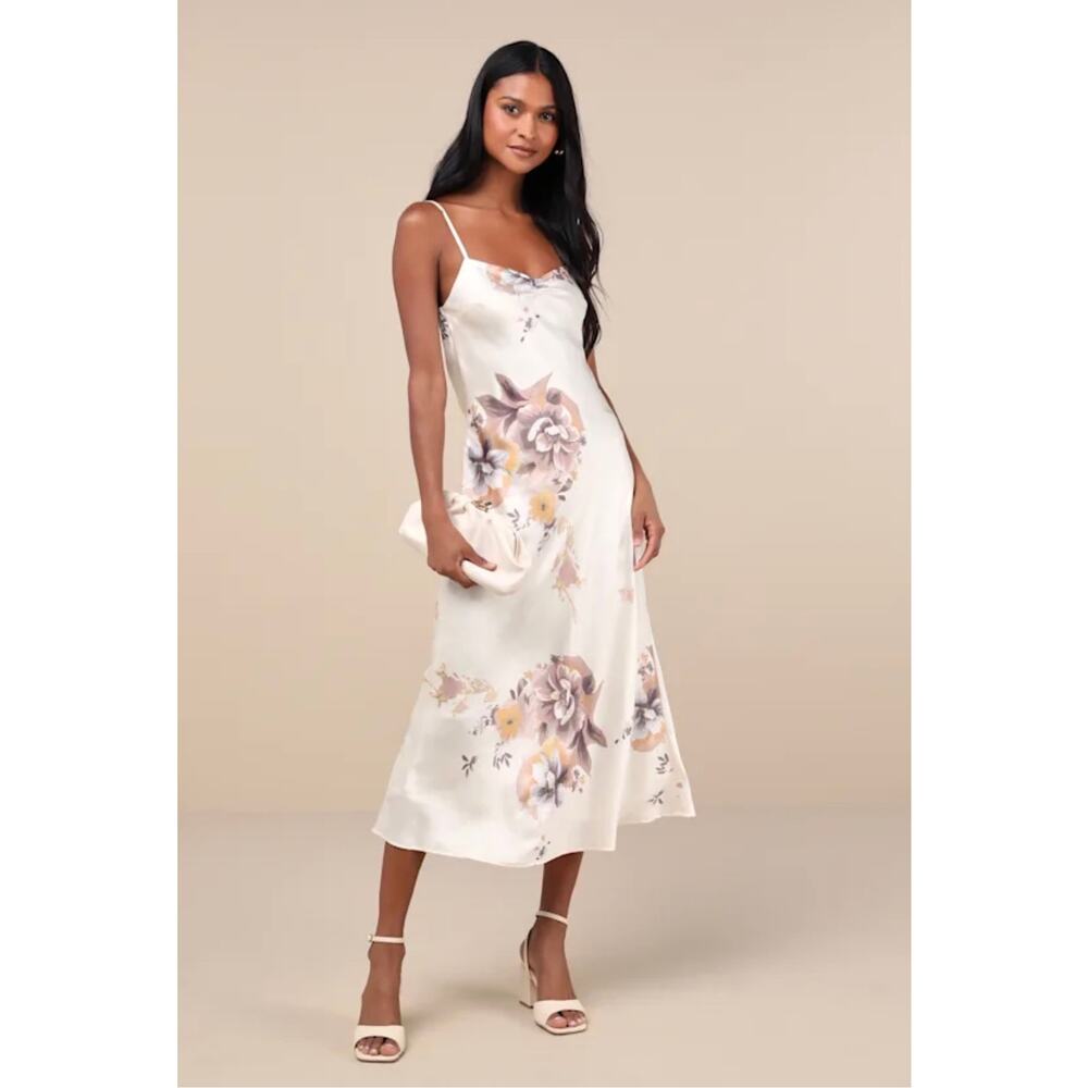 0206 NWT Lulus Certified Stunning Beige Satin Floral Lace-Up Midi Dress M
